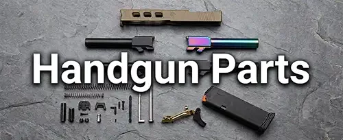 Handgun parts including FDE slide, titanium anodized barrel, gold barrel, trigger group components, and pistol magazine
