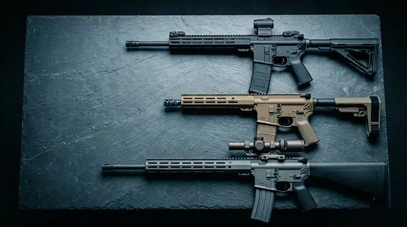 Three AR-15 rifles on dark slate — black M-Lok carbine with red dot, FDE M-Lok pistol, and gray rifle-length build with scope