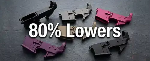 AR-15 80% lower receivers in multiple Cerakote colors — black, dark grey, pink, purple, and FDE