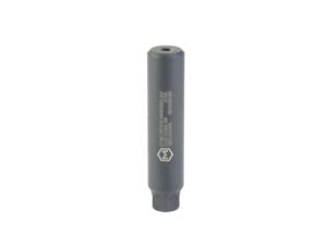 Maxim Defense Quantum 22K titanium rimfire suppressor, black Cerakote, front view with Maxim logo