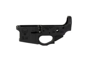 Spike's Tactical Punisher stripped AR-15 lower receiver, black, left side with the Punisher logo and selector markings